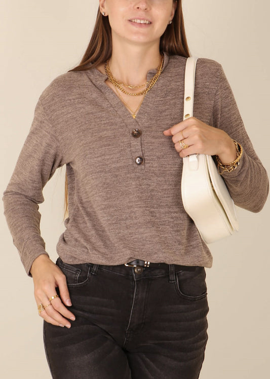 Split V Neck Button Front Sweater