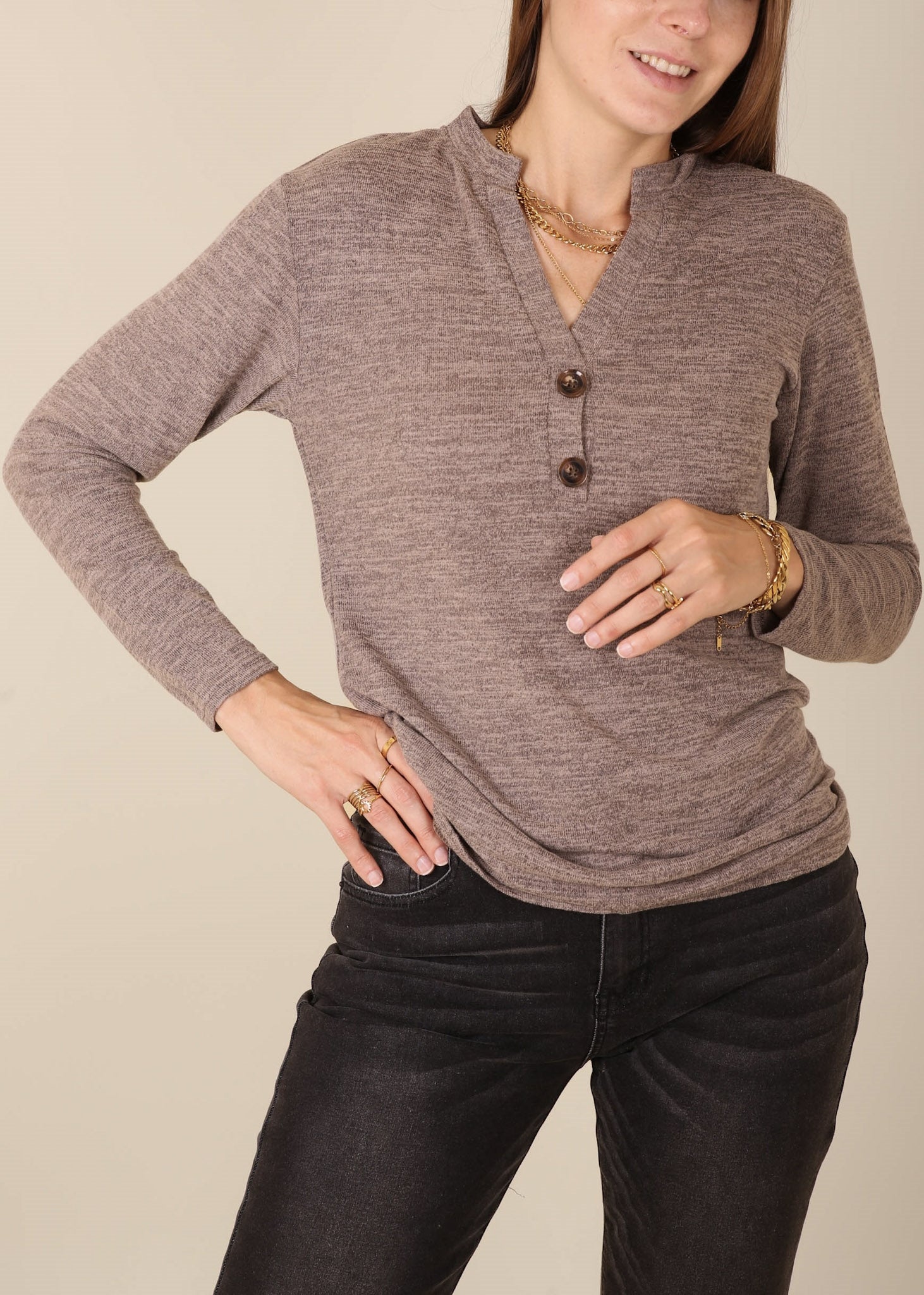 Split V Neck Button Front Sweater