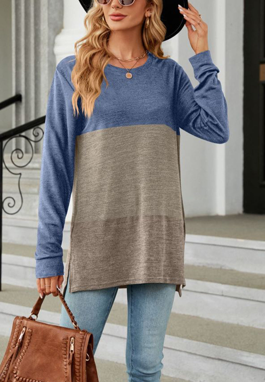 Suéter largo con aberturas laterales y diseño de bloques de color