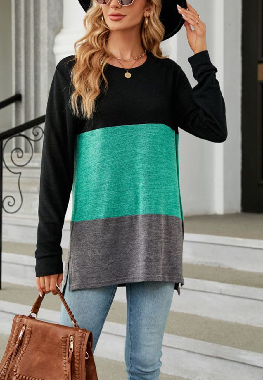 Suéter largo con aberturas laterales y diseño de bloques de color