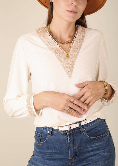 Crochet Detail V Neck Sweater