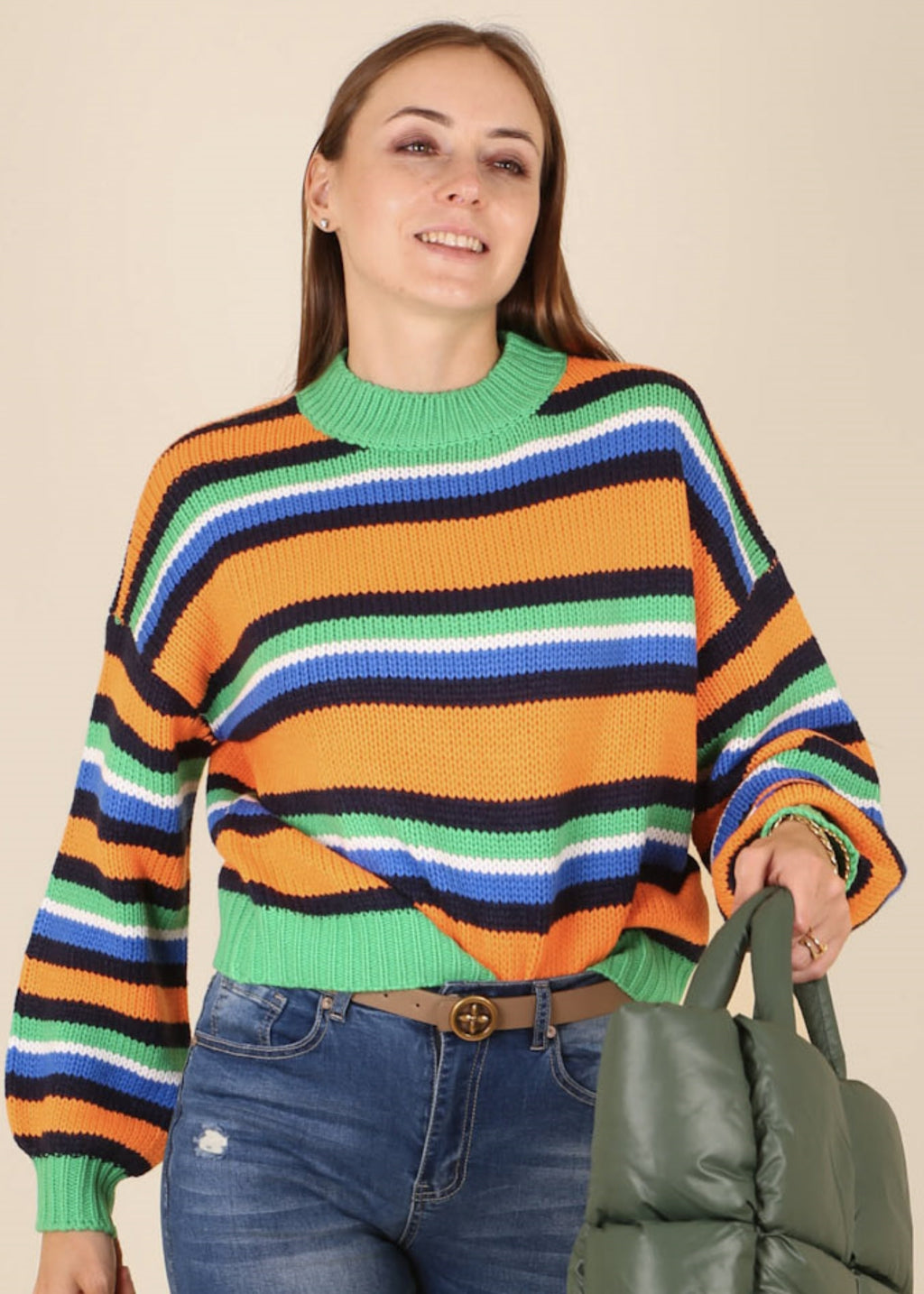 Suéter retro de rayas con cuello redondo