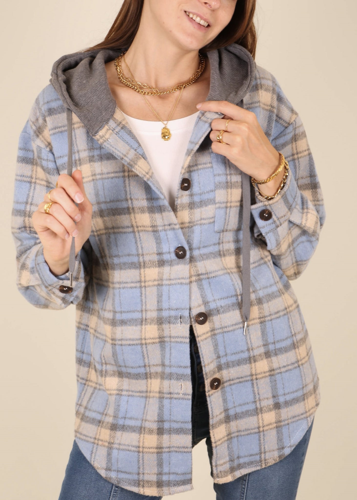 Contrast Hood Plaid Pattern Button Down Loose Shacket for Women – Anna-Kaci