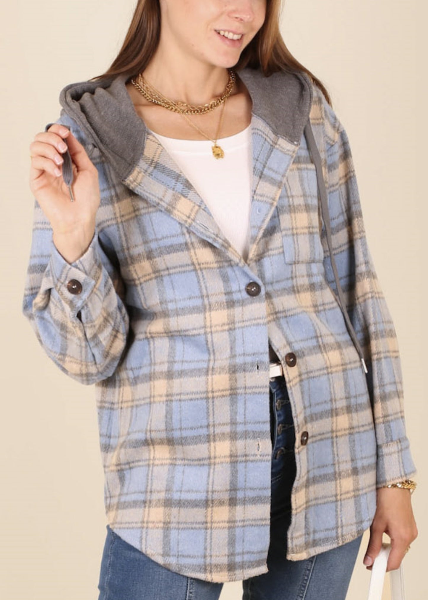 Contrast Hood Plaid Shacket