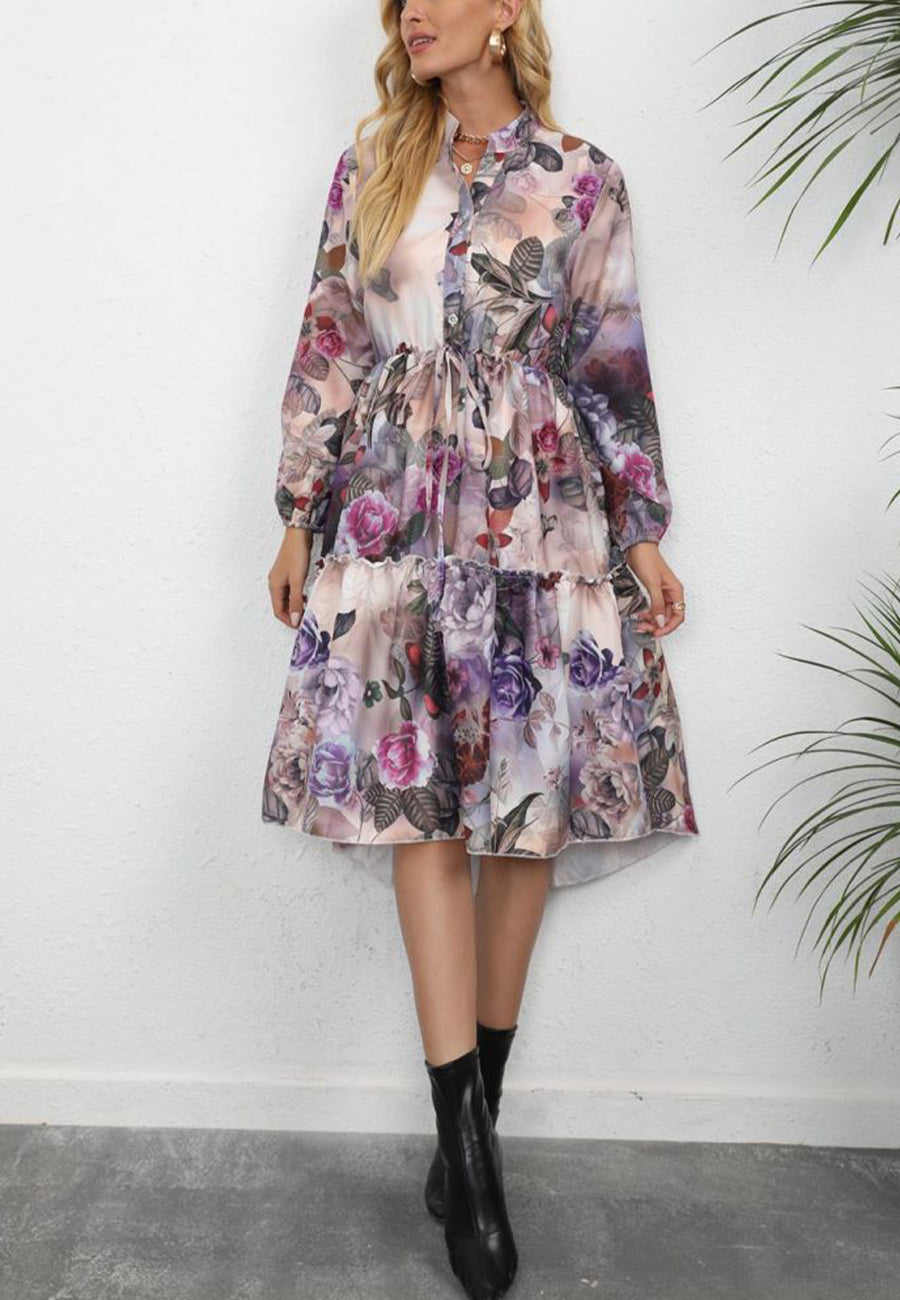 Floral Print Ruffle Collared Dress