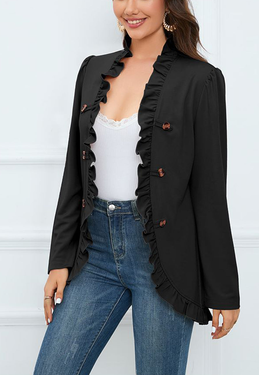 Ruffle Trim Contrast Button Coat