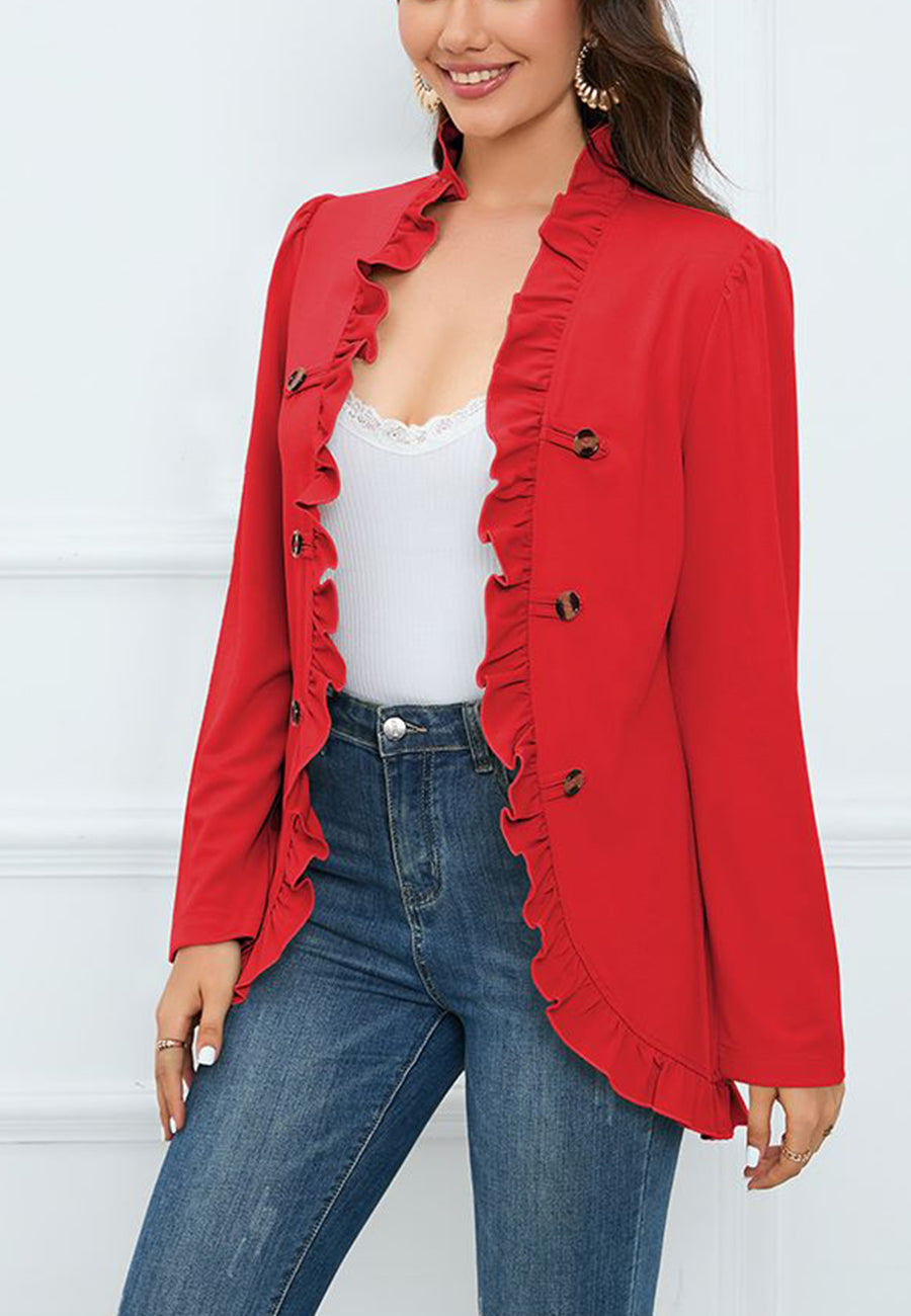 Ruffle Trim Contrast Button Coat