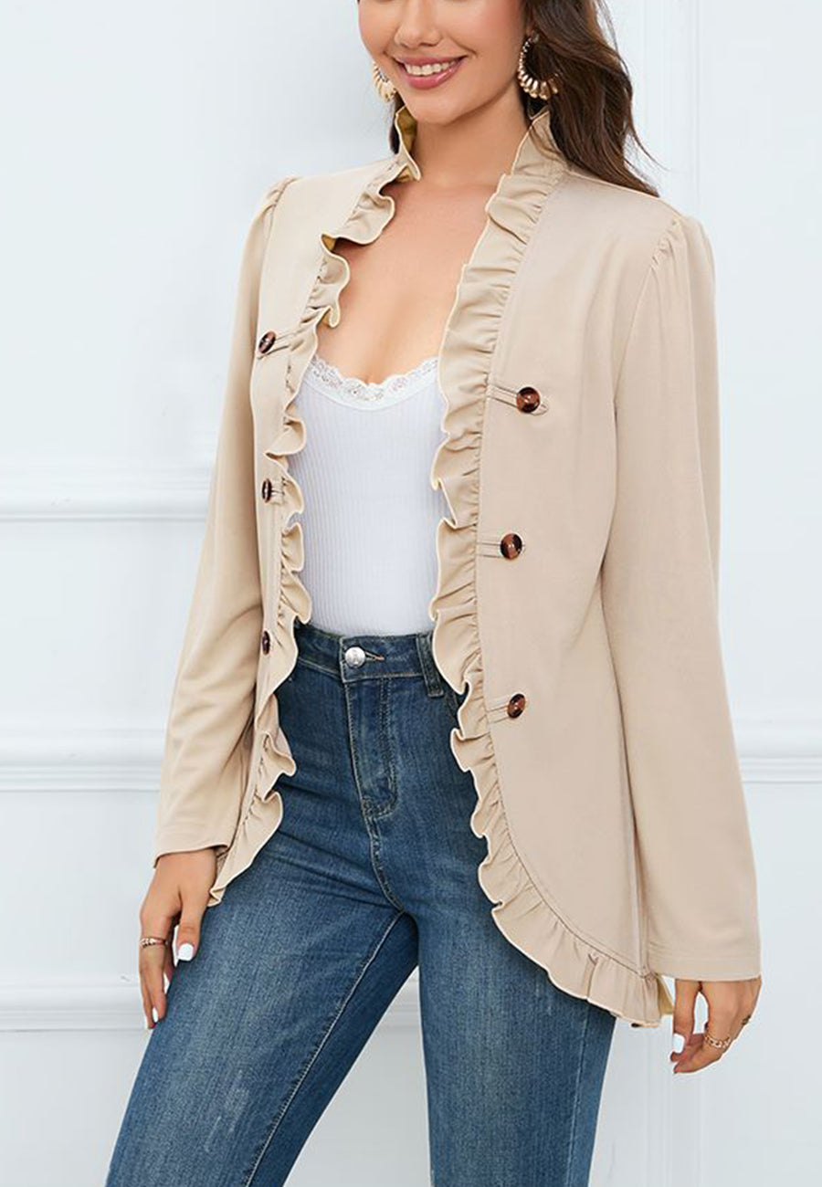 Ruffle Trim Contrast Button Coat