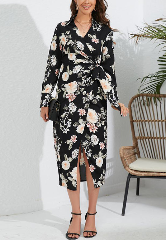 Floral Collared Surplice Neck Dress
