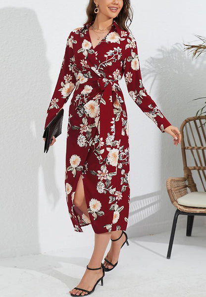 Vestido cruzado con cuello y estampado floral