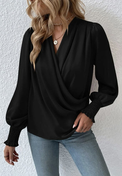 Shirred Cuff Faux Wrap Blouse