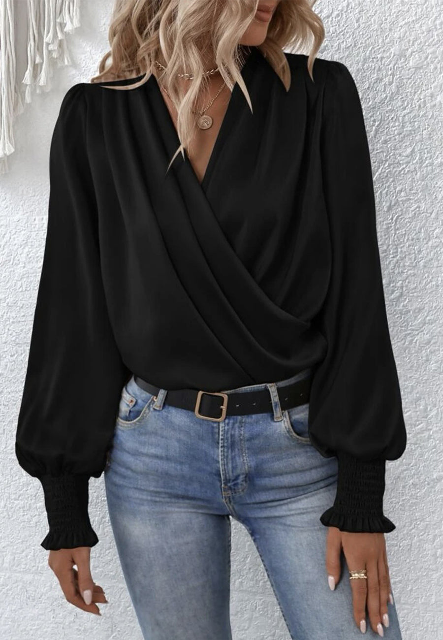 Shirred Cuff Faux Wrap Blouse