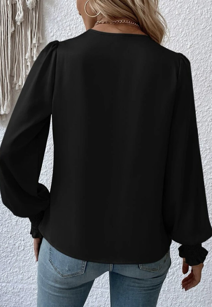 Shirred Cuff Faux Wrap Blouse
