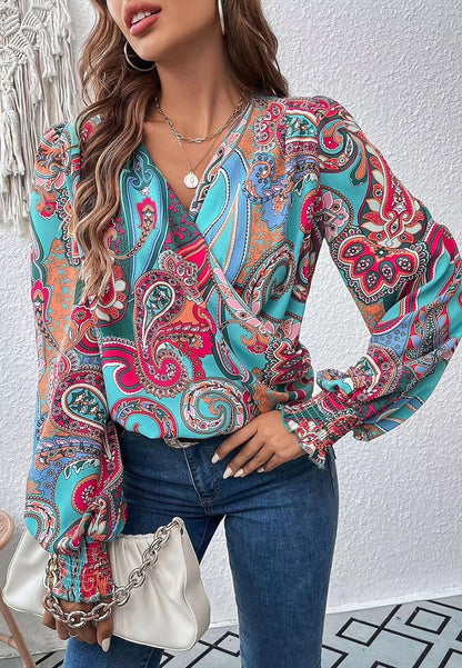 Shirred Cuff Faux Wrap Blouse
