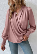 Shirred Cuff Faux Wrap Blouse