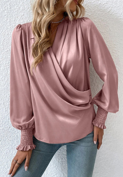 Shirred Cuff Faux Wrap Blouse