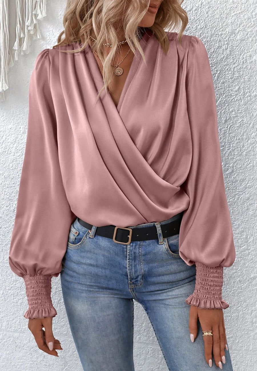 Shirred Cuff Faux Wrap Blouse