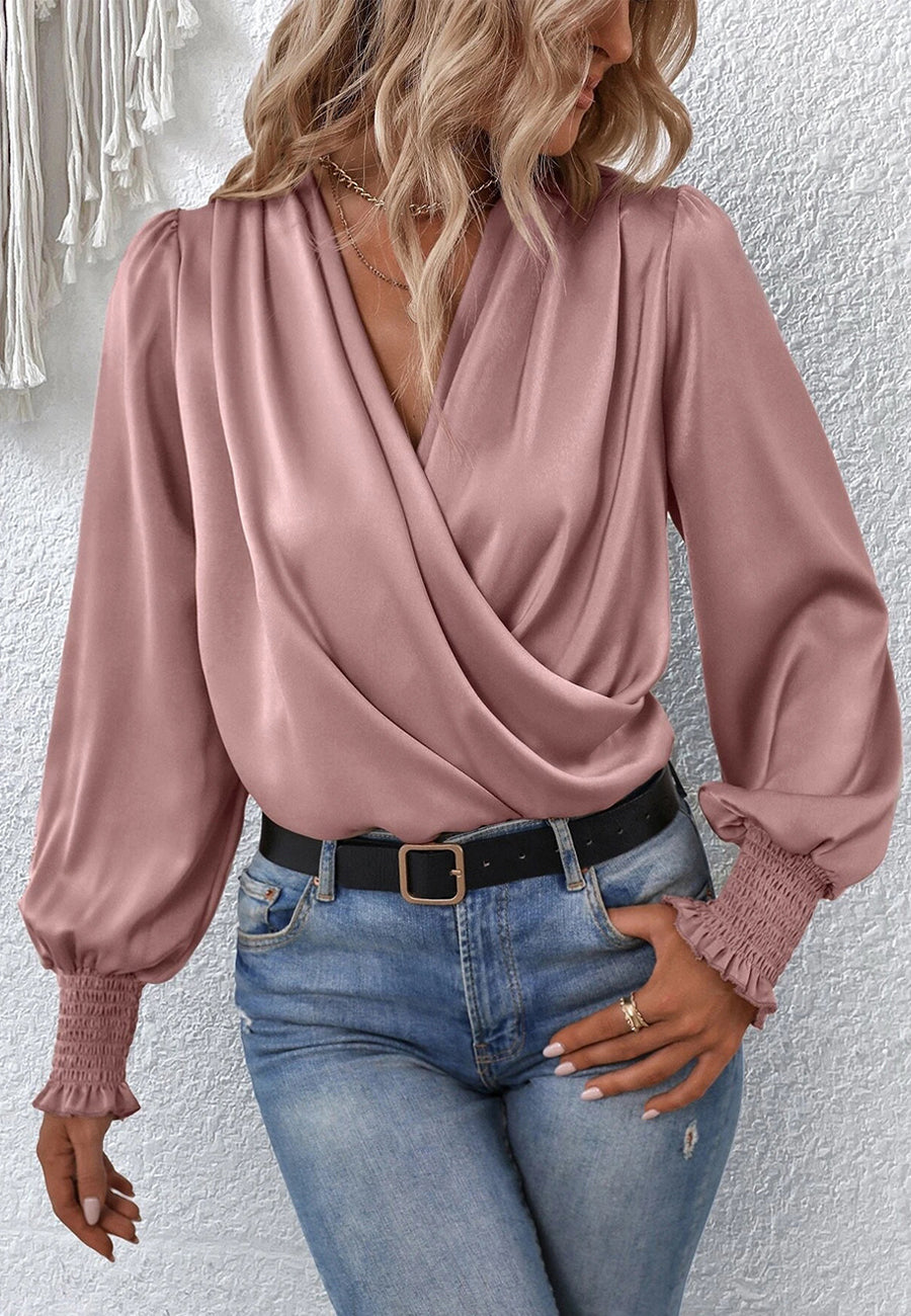 Shirred Cuff Faux Wrap Blouse