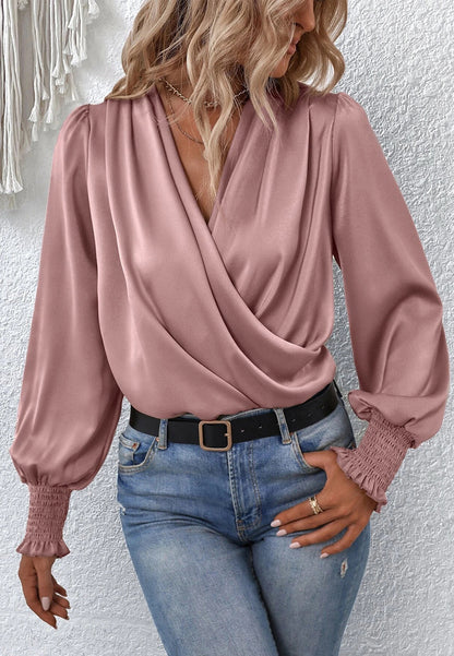 Shirred Cuff Faux Wrap Blouse