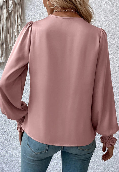 Shirred Cuff Faux Wrap Blouse