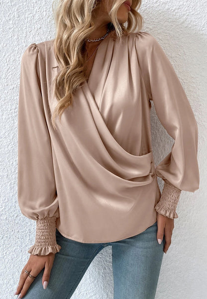 Shirred Cuff Faux Wrap Blouse