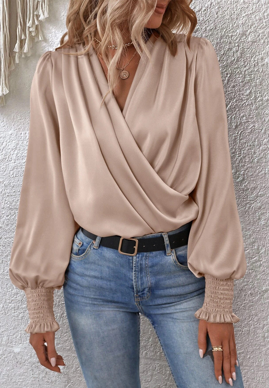 Shirred Cuff Faux Wrap Blouse