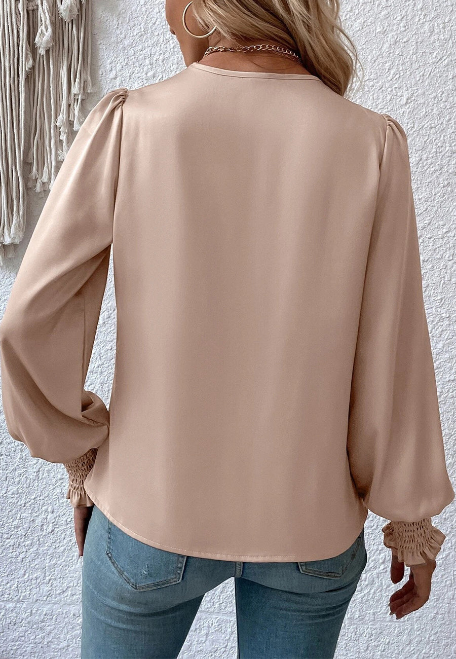 Shirred Cuff Faux Wrap Blouse