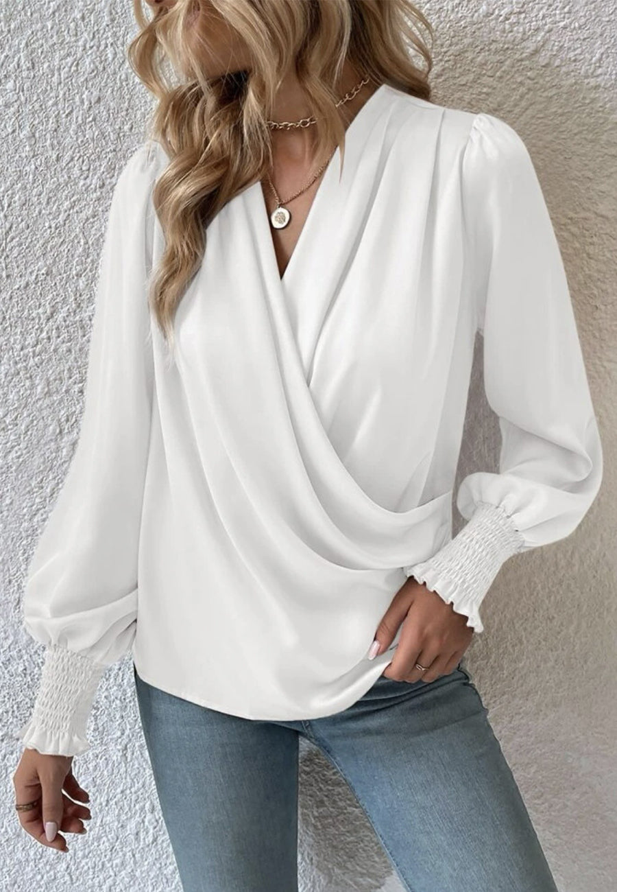 Shirred Cuff Faux Wrap Blouse