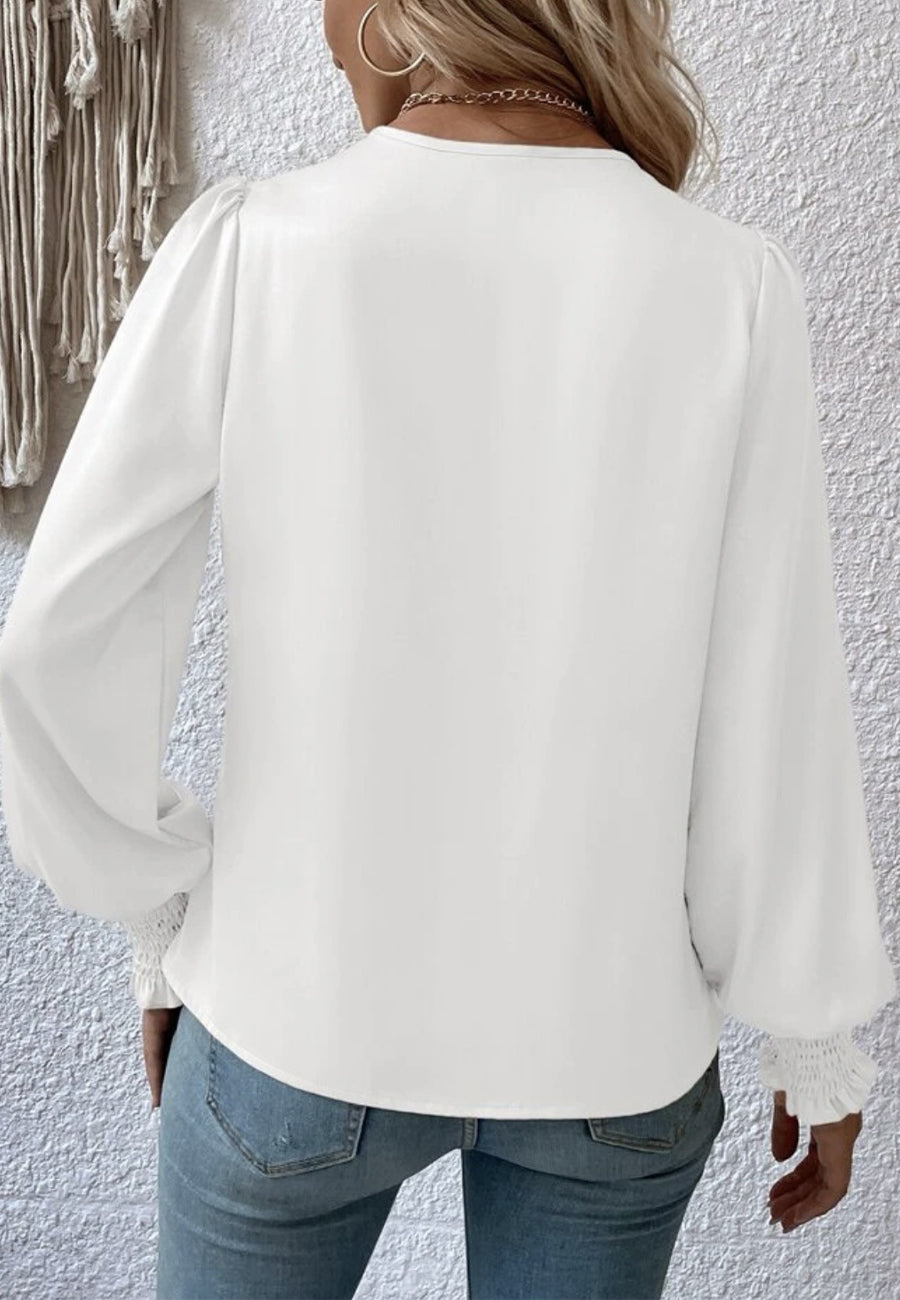 Shirred Cuff Faux Wrap Blouse