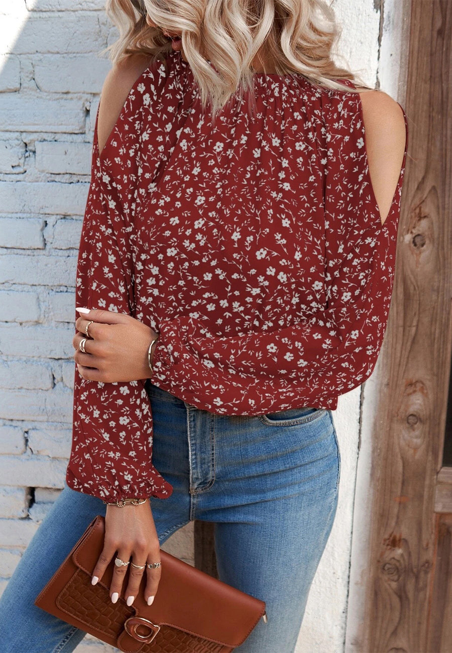 Crew Neck Cutout Shoulder Blouse