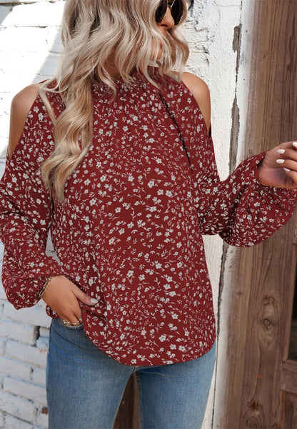 Crew Neck Cutout Shoulder Blouse
