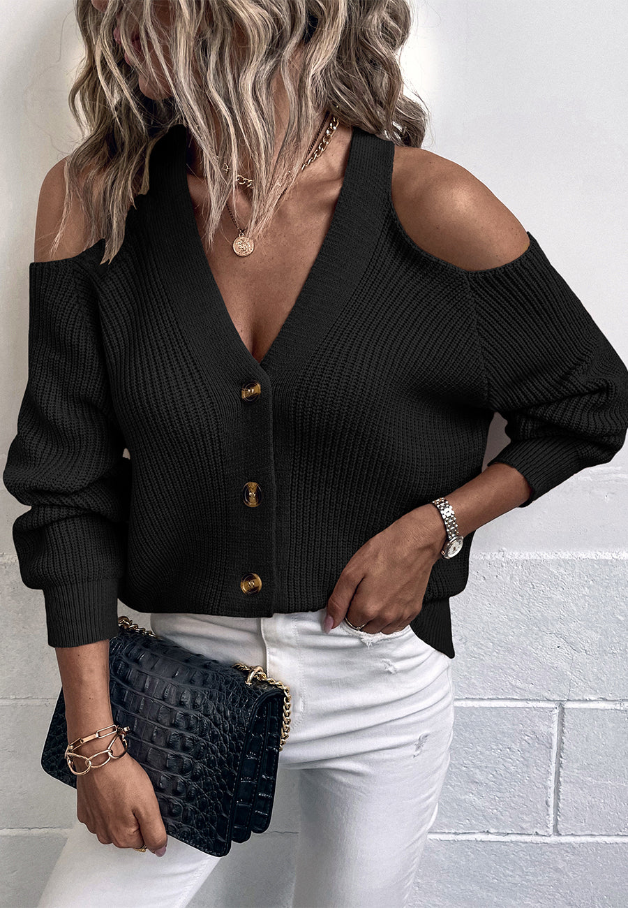 Button Up Cold Shoulder V-Neck Knit Sweater Top