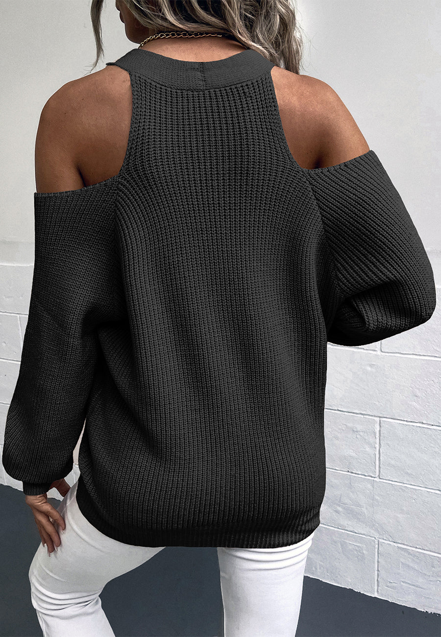 Button Up Cold Shoulder V-Neck Knit Sweater Top