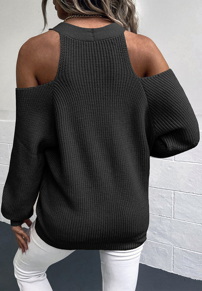 Button Up Cold Shoulder V-Neck Knit Sweater Top