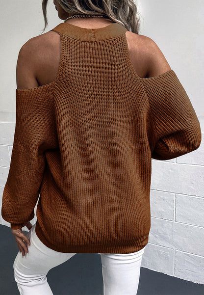 Button Up Cold Shoulder V-Neck Knit Sweater Top