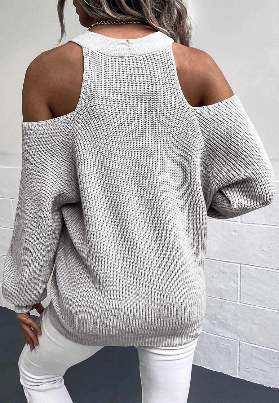 Button Up Cold Shoulder V-Neck Knit Sweater Top