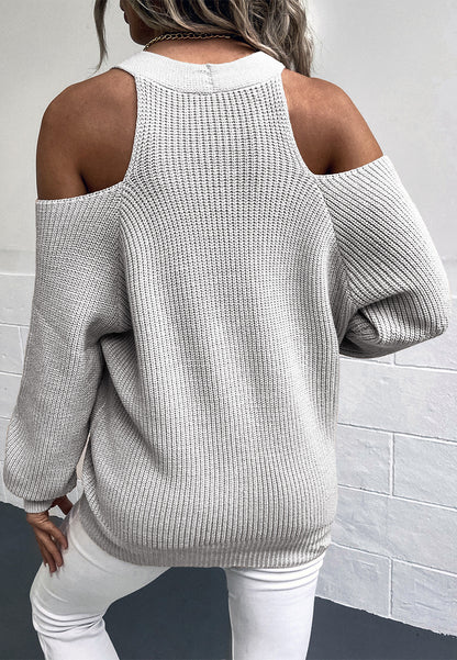 Button Up Cold Shoulder V-Neck Knit Sweater Top