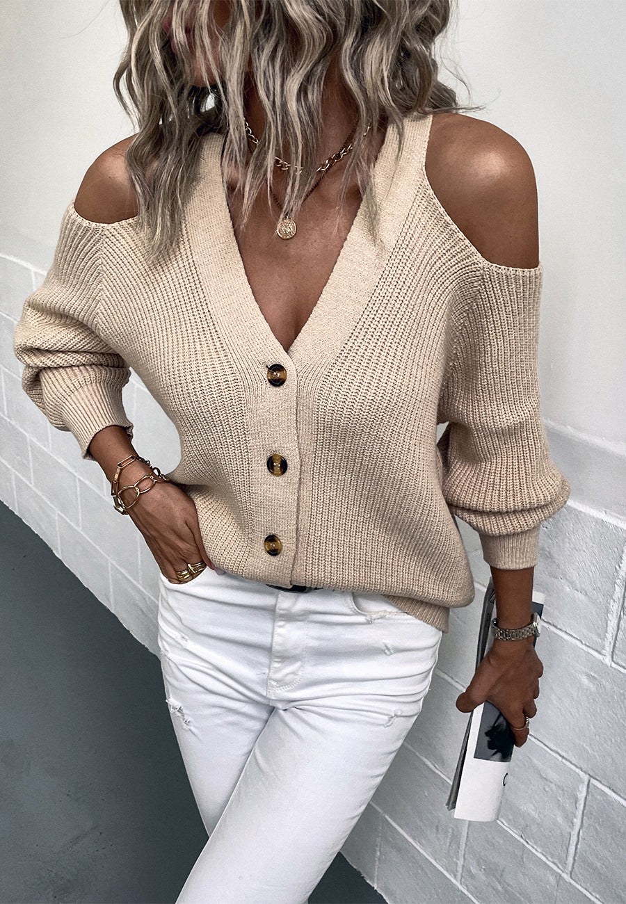 Button Up Cold Shoulder V-Neck Knit Sweater Top