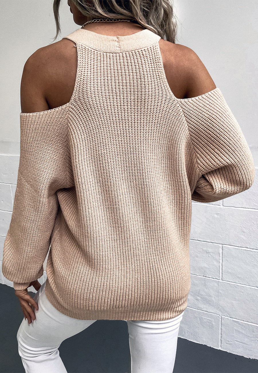 Button Up Cold Shoulder V-Neck Knit Sweater Top