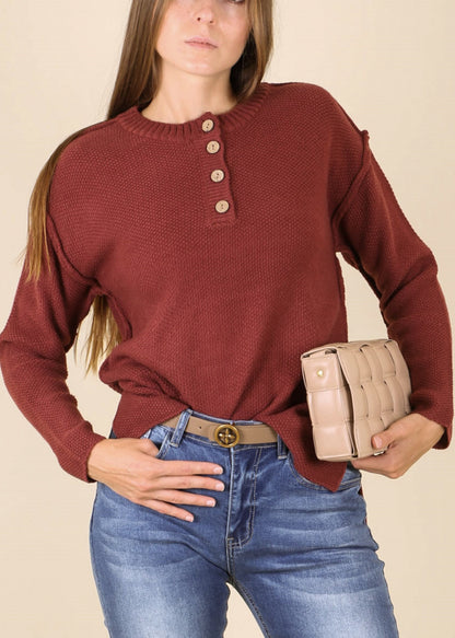 Soft Ribbed Knit Half Button Up Sweater