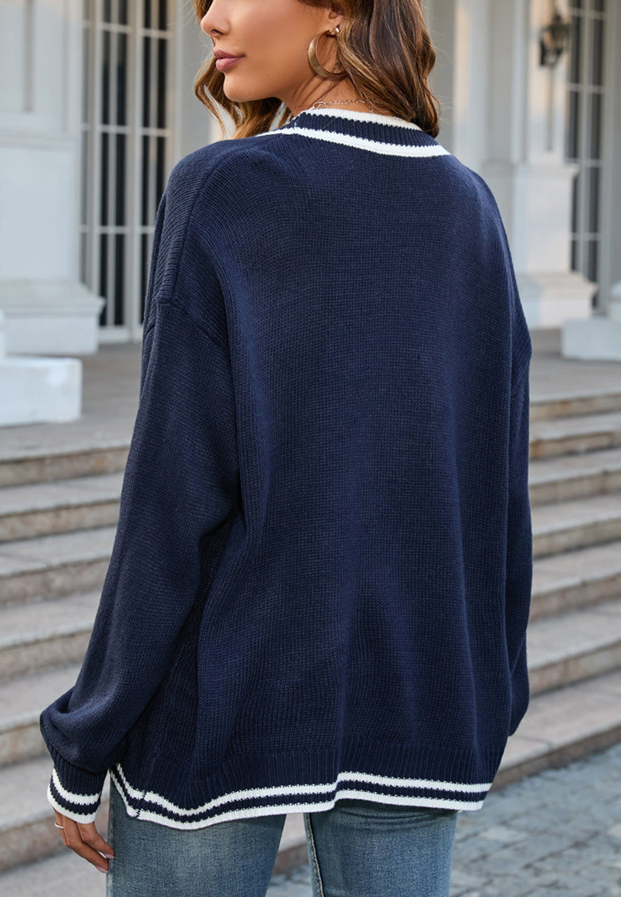 Contrast Varsity Striped Button Up Cardigan Sweater
