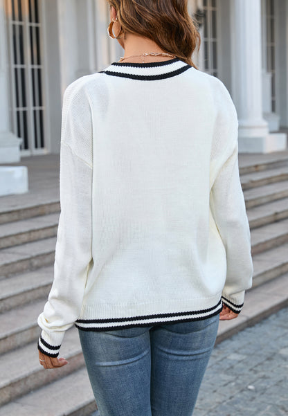 Contrast Varsity Striped Button Up Cardigan Sweater