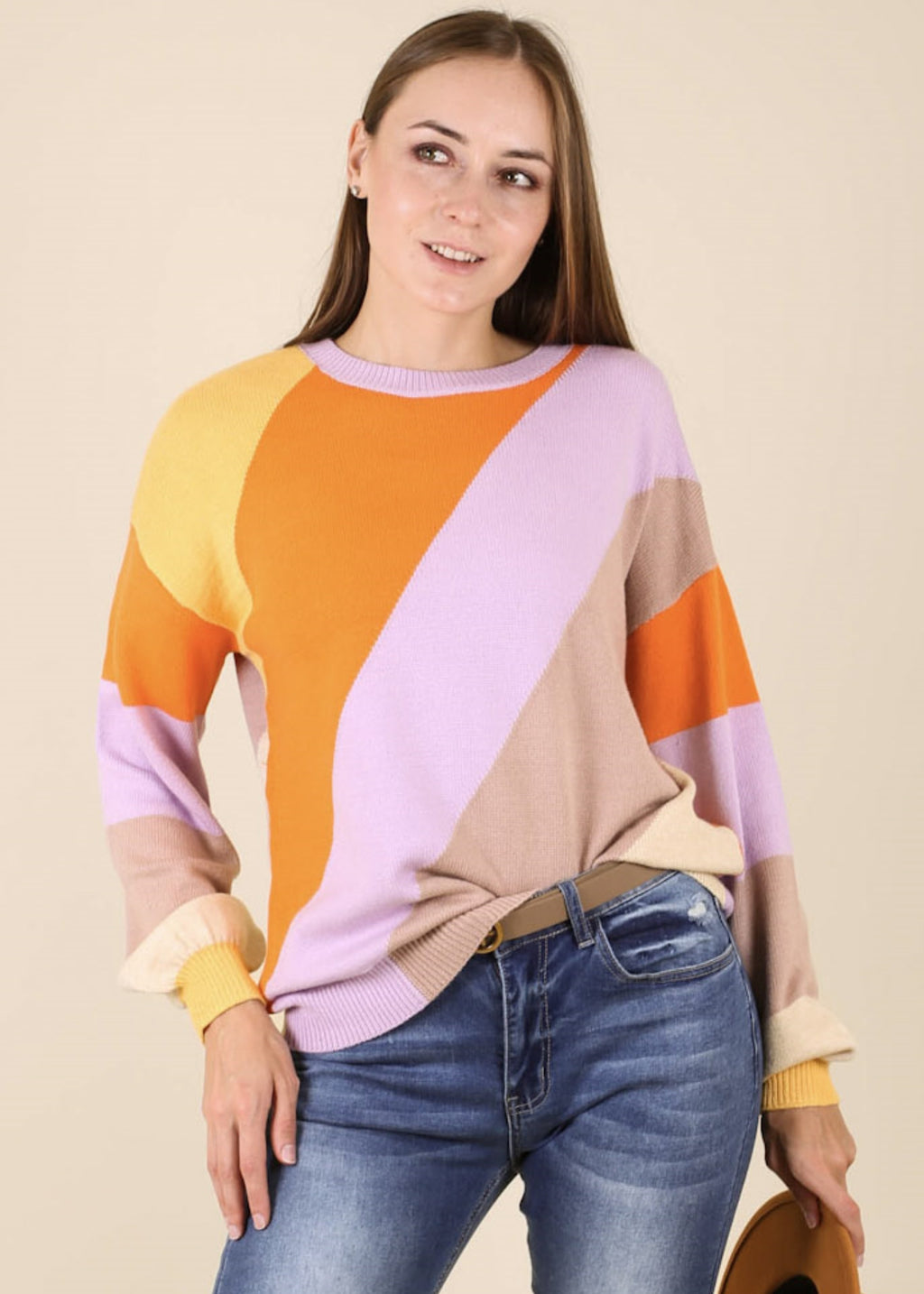Suéter de cuello redondo con bloques multicolor