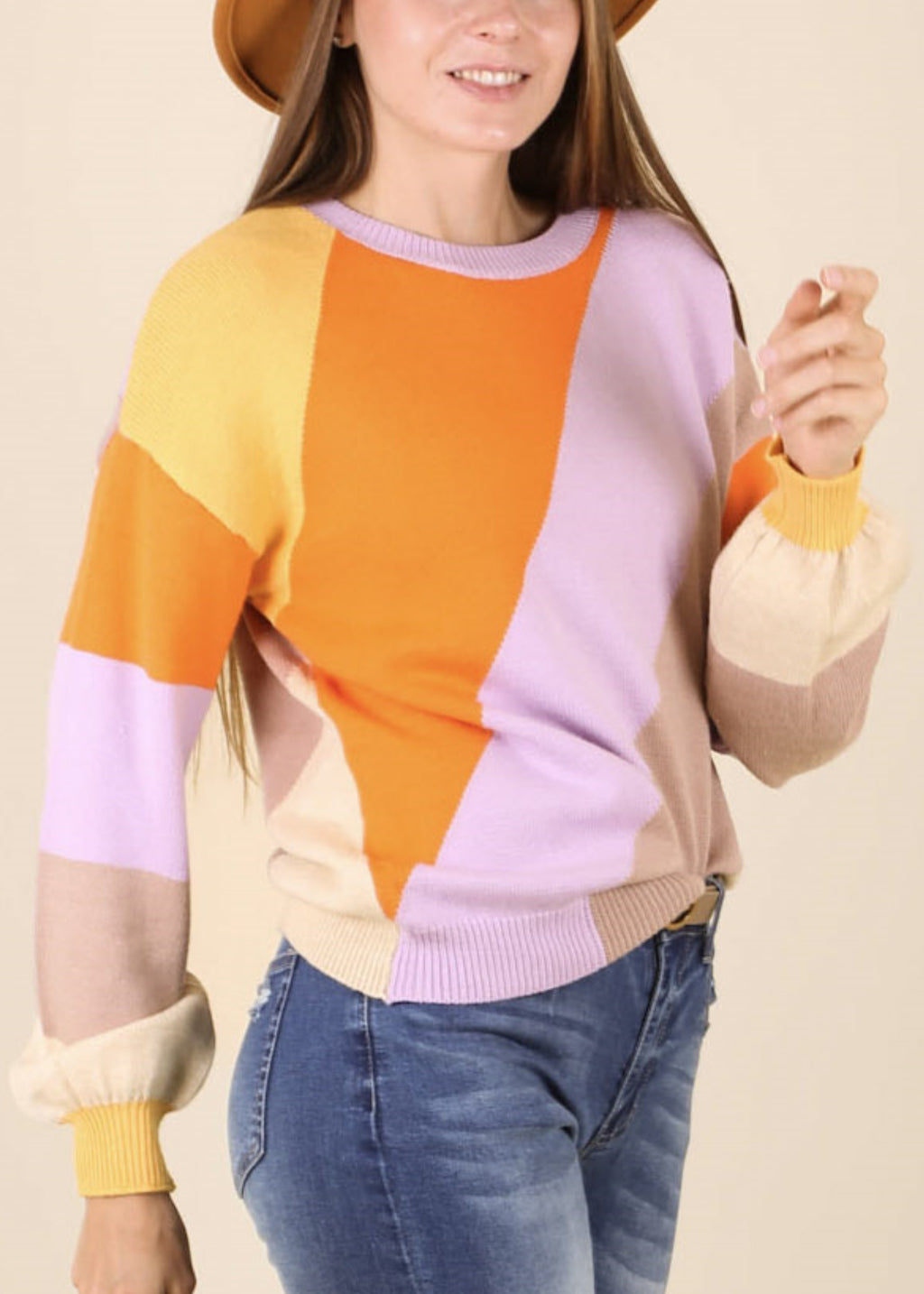 Suéter de cuello redondo con bloques multicolor