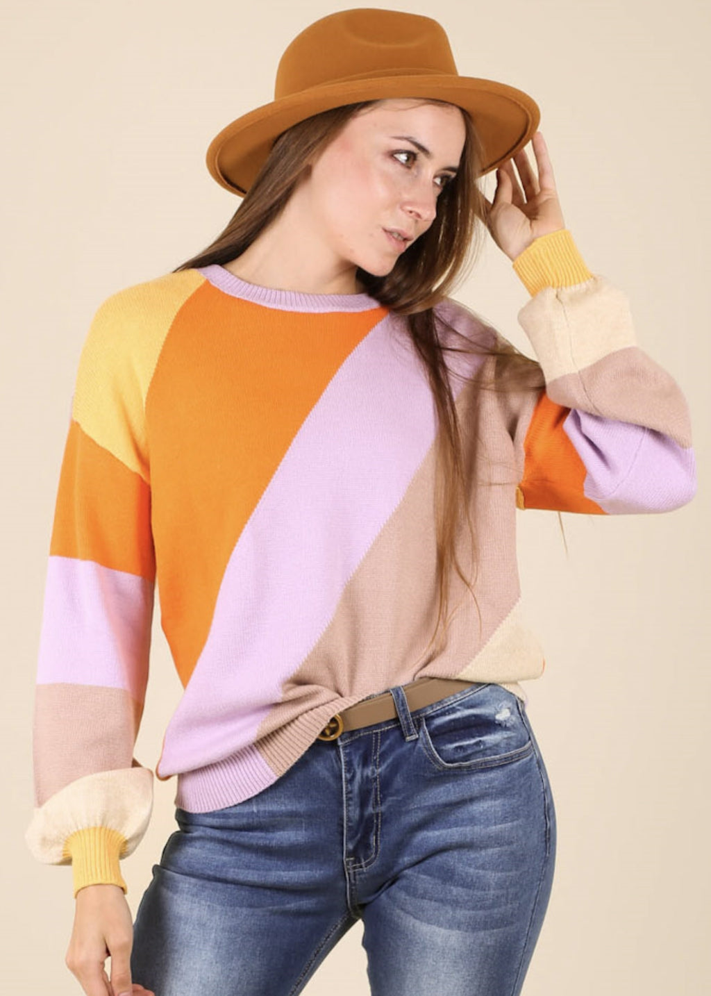 Suéter de cuello redondo con bloques multicolor