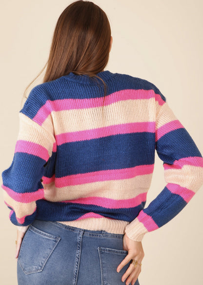 Striped Color Block Knitted Round Neck Sweater