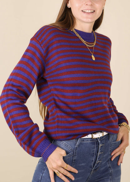 Horizontal Striped Knitted Round Collar Sweater