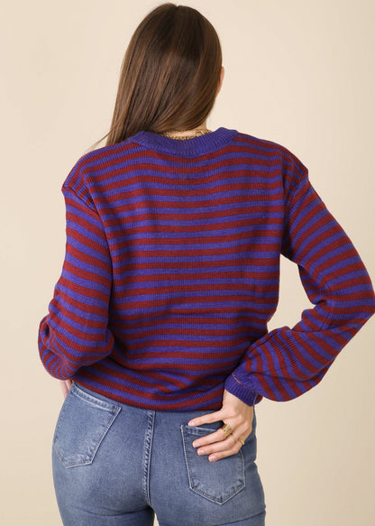 Horizontal Striped Knitted Round Collar Sweater