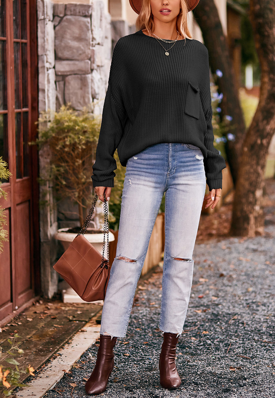 Soft Ribbed Knit Pocket Sweater Top