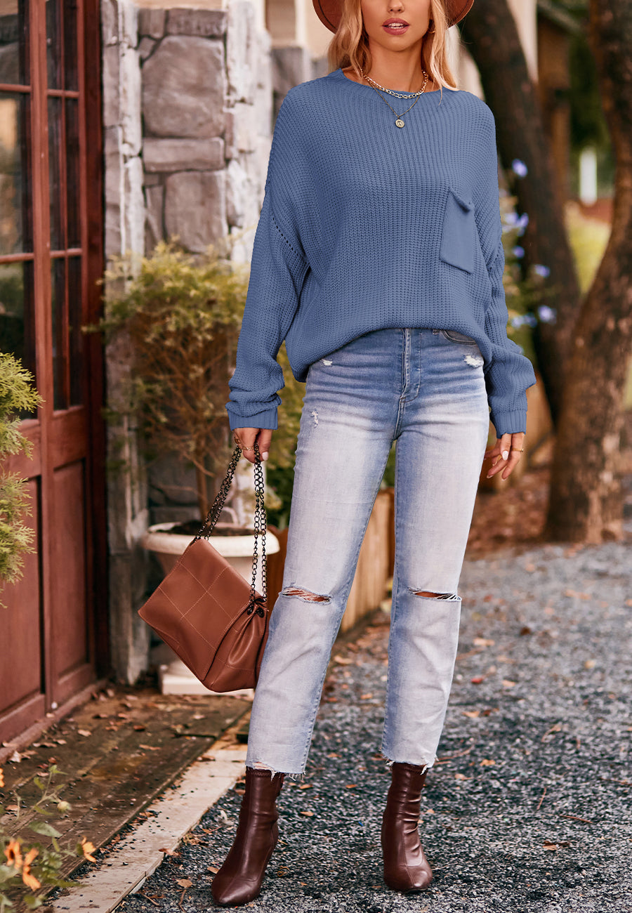 Soft Ribbed Knit Pocket Sweater Top